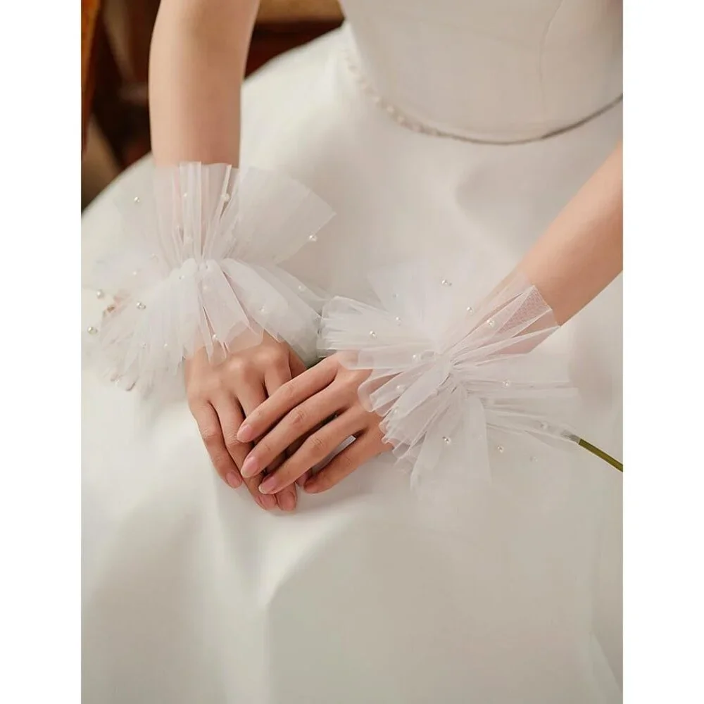 Women's Fingerless White Tulle Pearl Short Lace Gloves Hallowmas Accessory